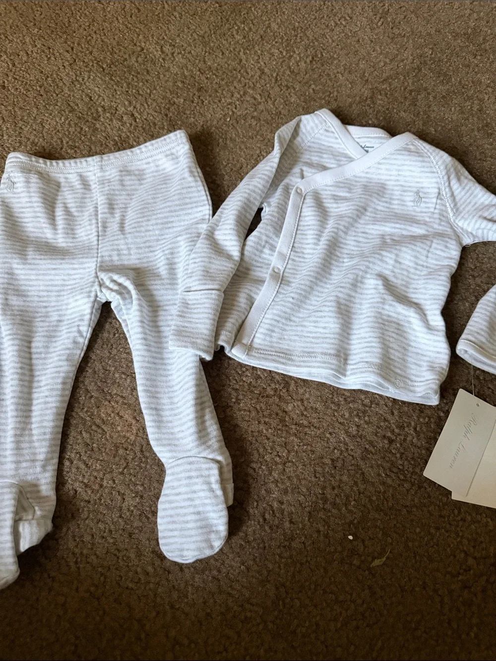 Ralph Lauren White & Light Gray Striped Baby Footed One-Piece Set